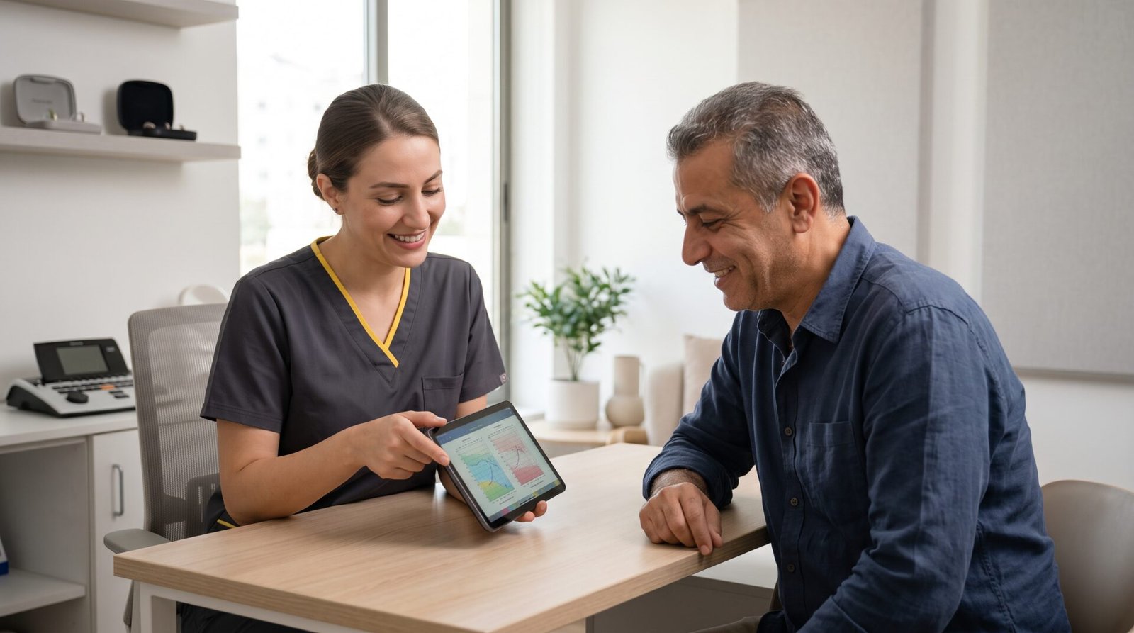 Audiologist reviewing results on a tablet with a patient