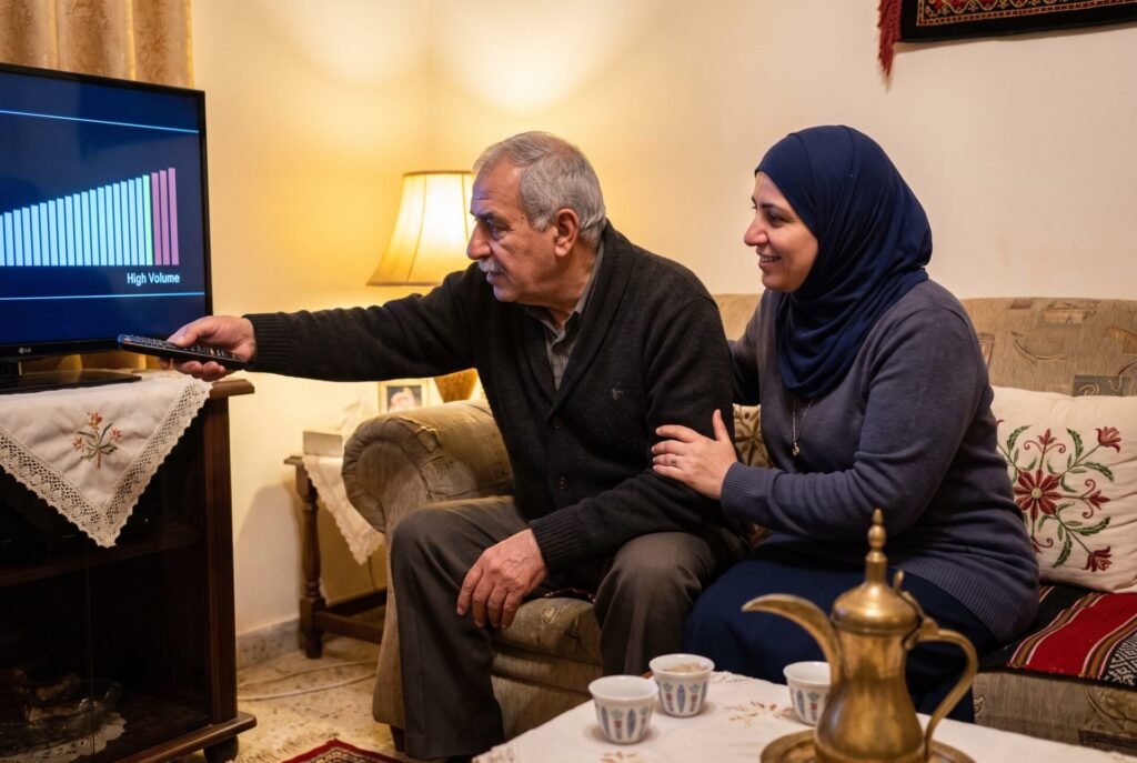 رجل مسنّ يرفع صوت التلفاز وابنته تجلس بجانبه
