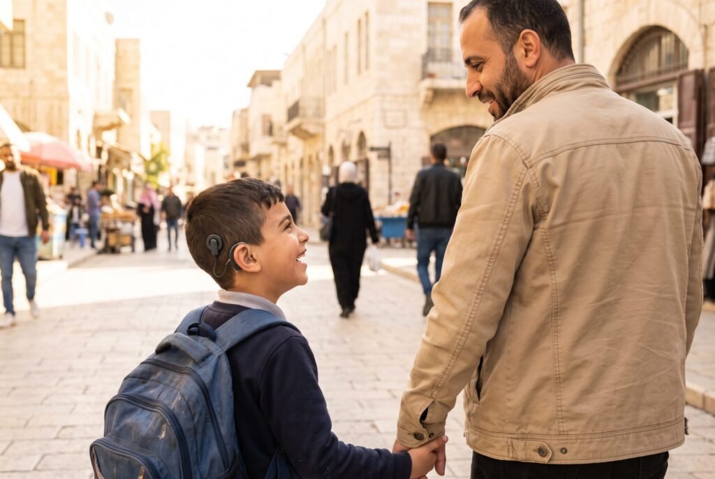 طفل يستخدم زراعة القوقعة يمشي إلى المدرسة مع والده