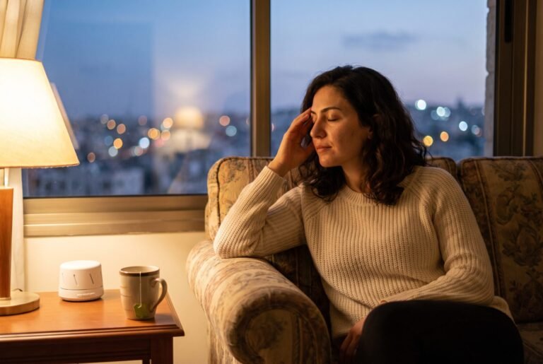 Woman resting her head in the evening, noticing ringing in her ears