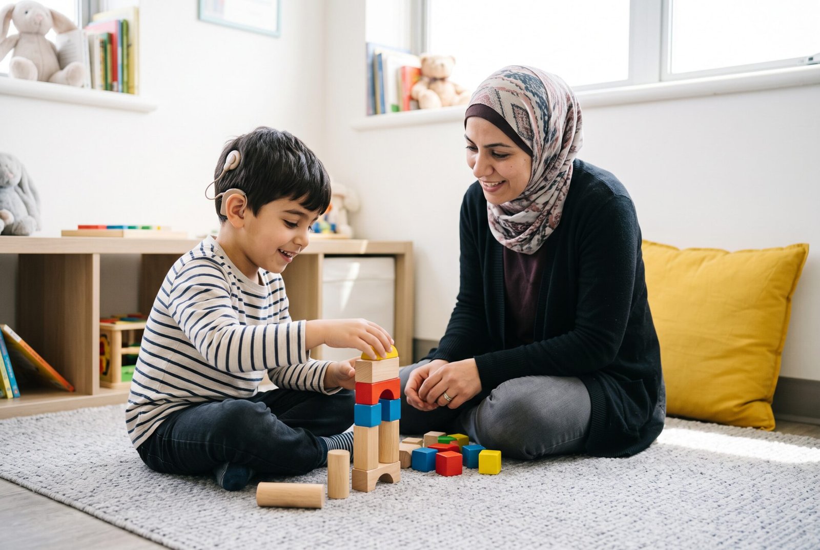 Young boy playing with building blocks beside his mother