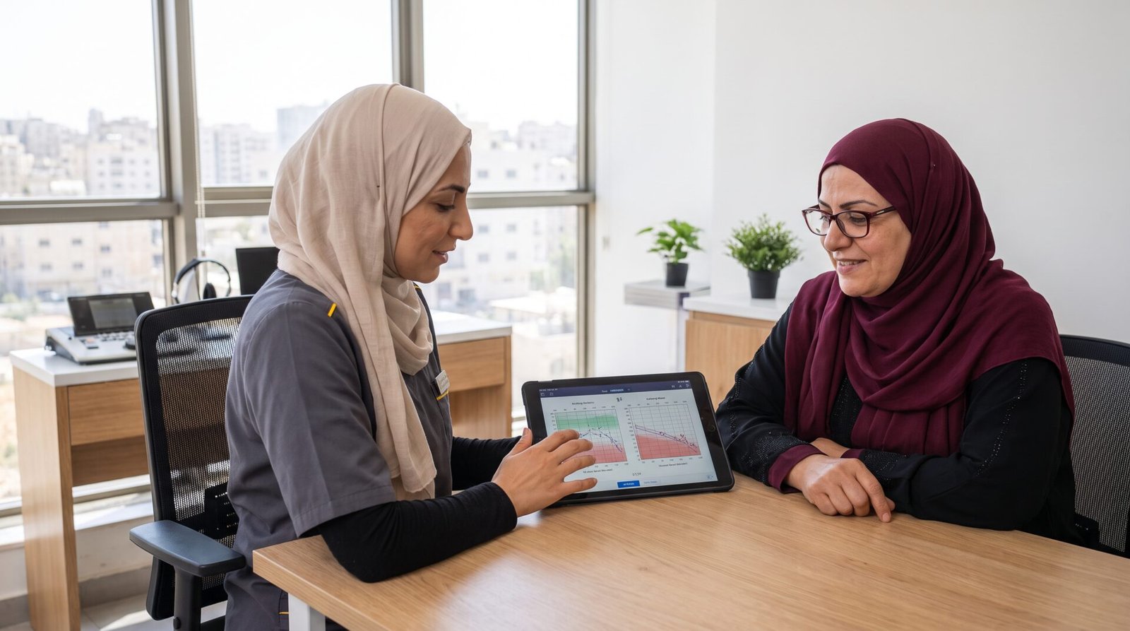أخصائية سمعيات تراجع النتائج مع مريض على جهاز لوحي