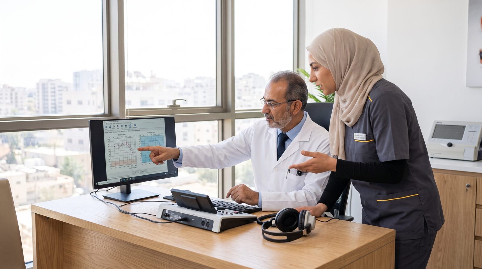 طبيب وأخصائية سمعيات يراجعان نتائج السمع معاً