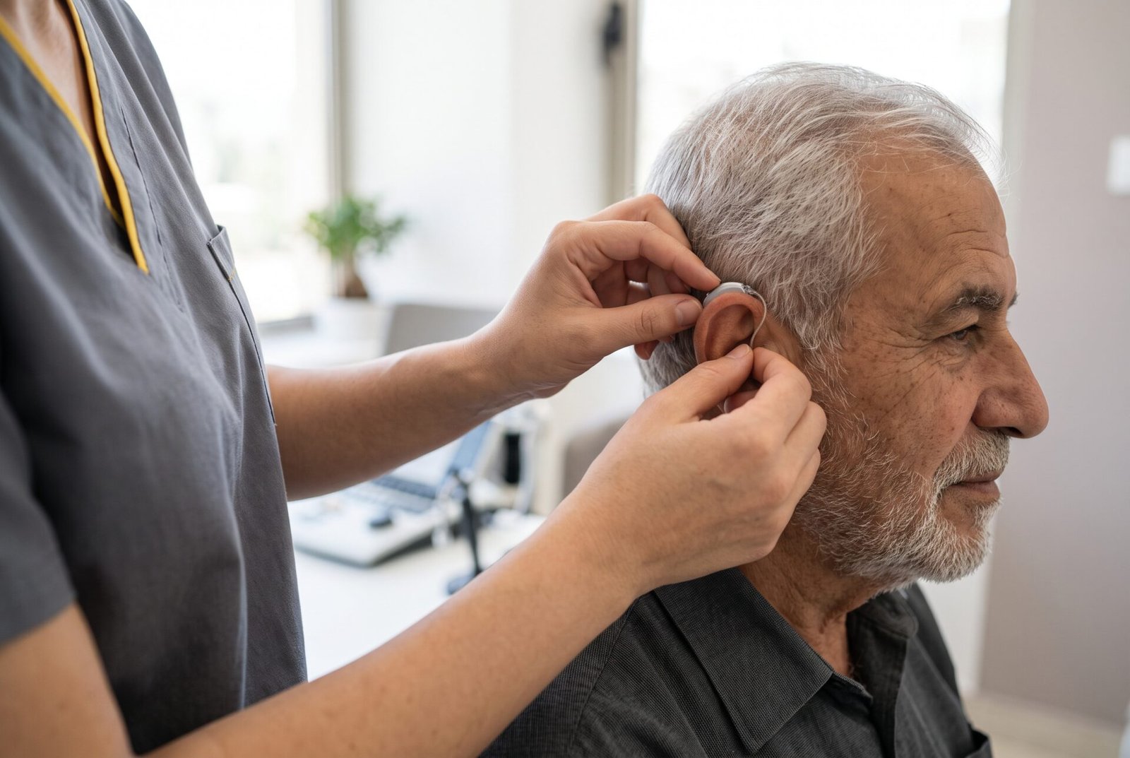 Audiologist fitting a hearing aid on an older man