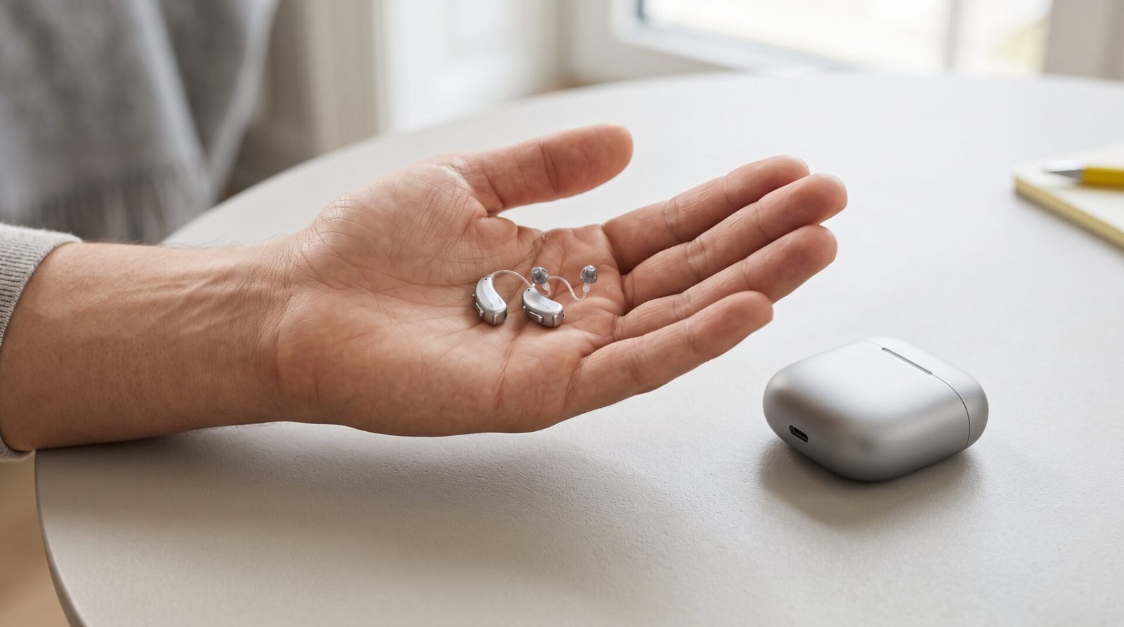 Two small hearing aids resting in an open palm beside their charger
