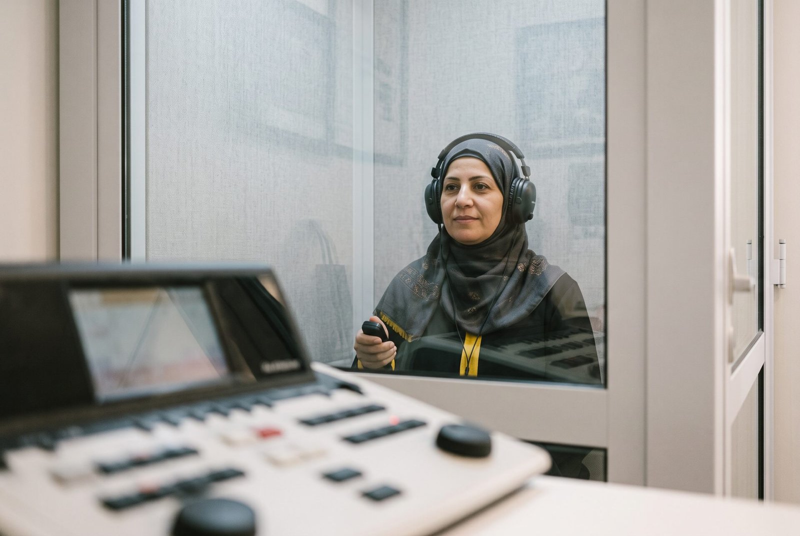 Patient wearing headphones in a sound booth during a hearing test