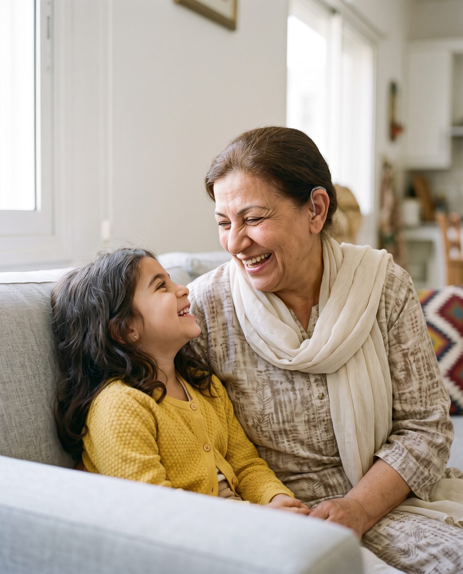Grandmother smiling with her granddaughter on the sofa