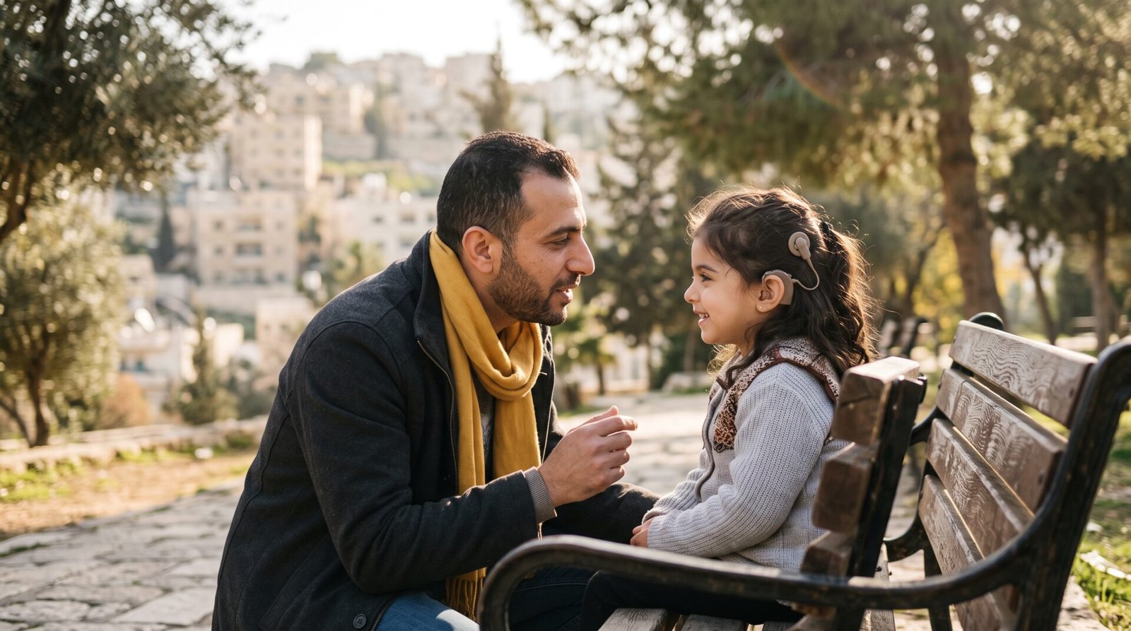 Father talking with his daughter in a park