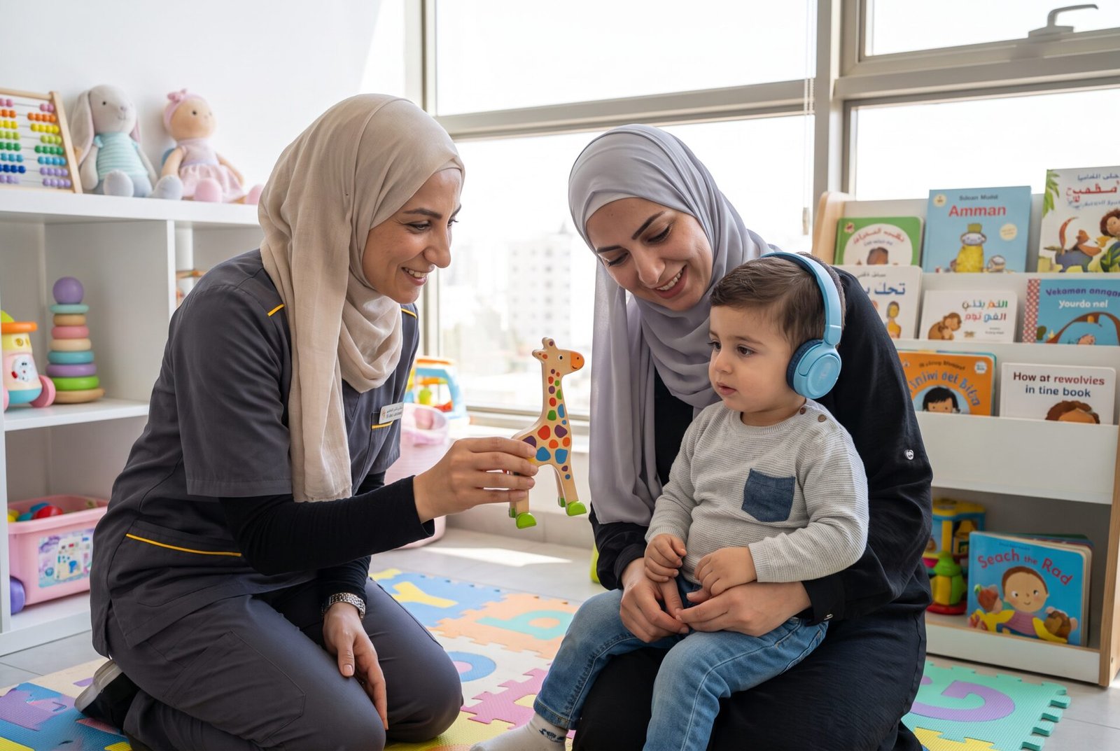 أخصائية سمعيات تلعب مع طفل صغير يضع سماعات رأس أثناء تقييم السمع للأطفال، بحضور والدته
