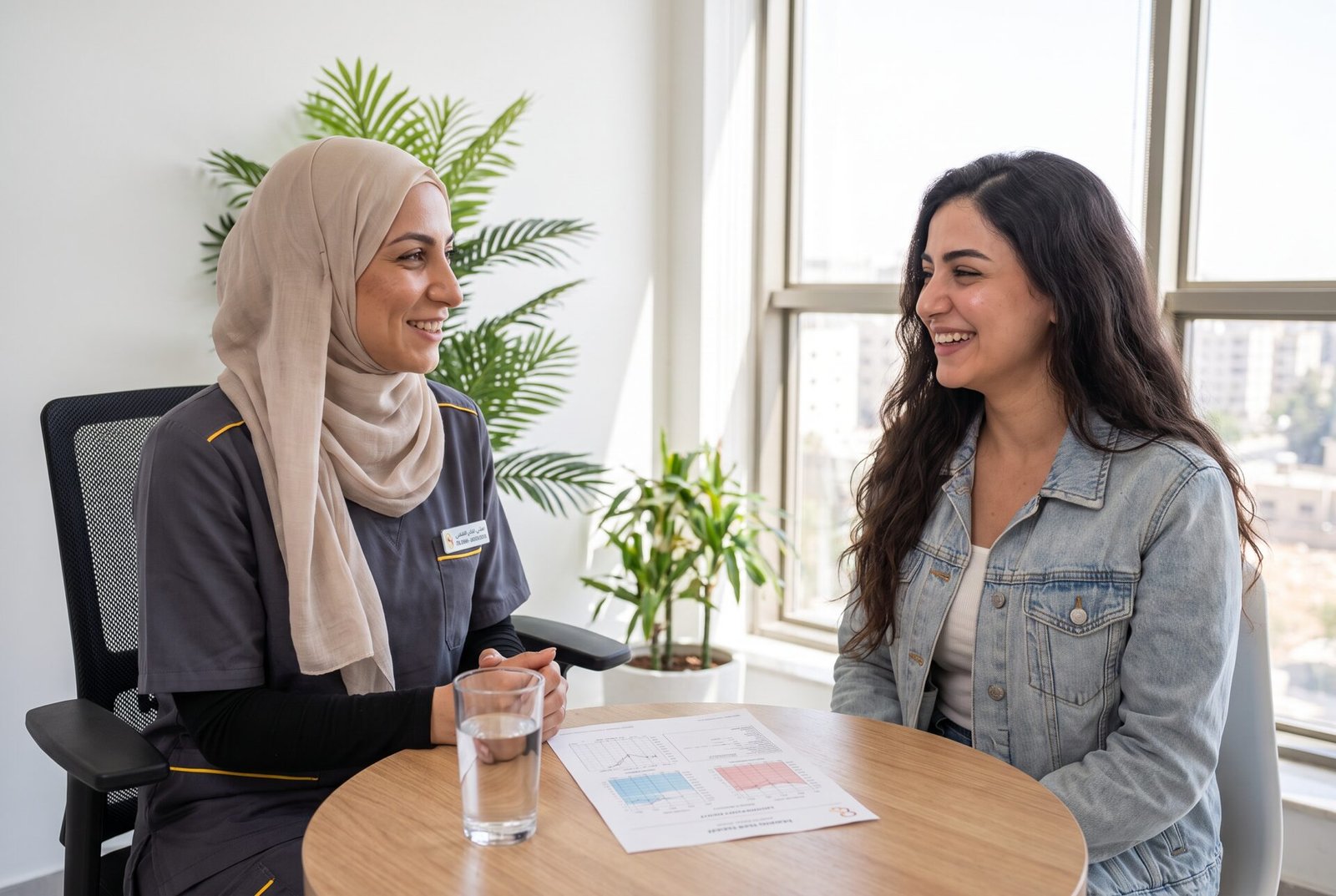 مريضة مبتسمة أثناء استشارة في المركز
