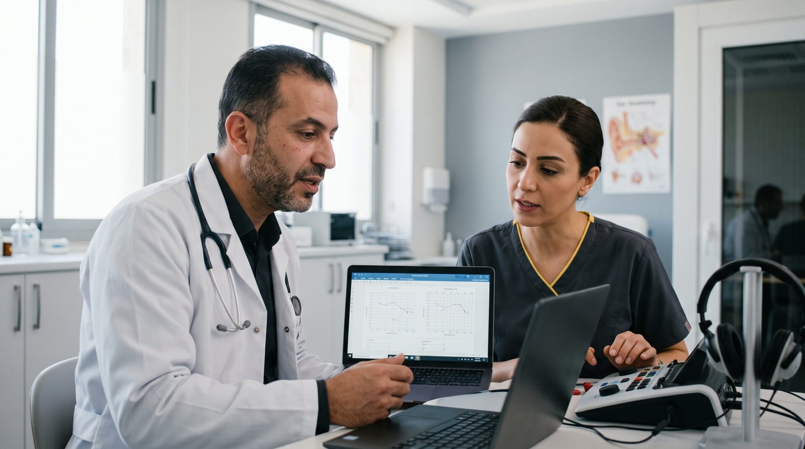 Doctor and audiologist reviewing hearing results together