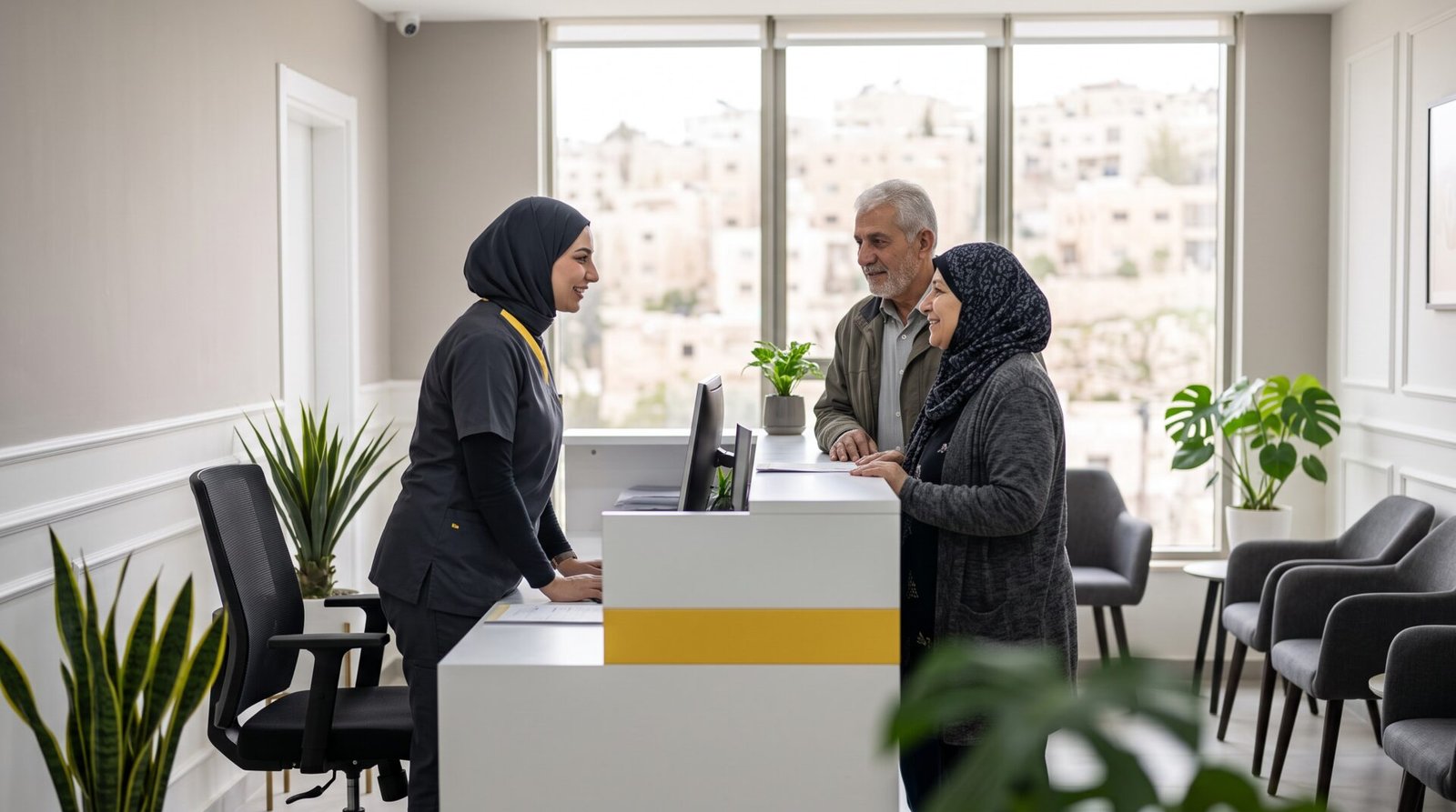 Patients at the reception of a bright hearing clinic