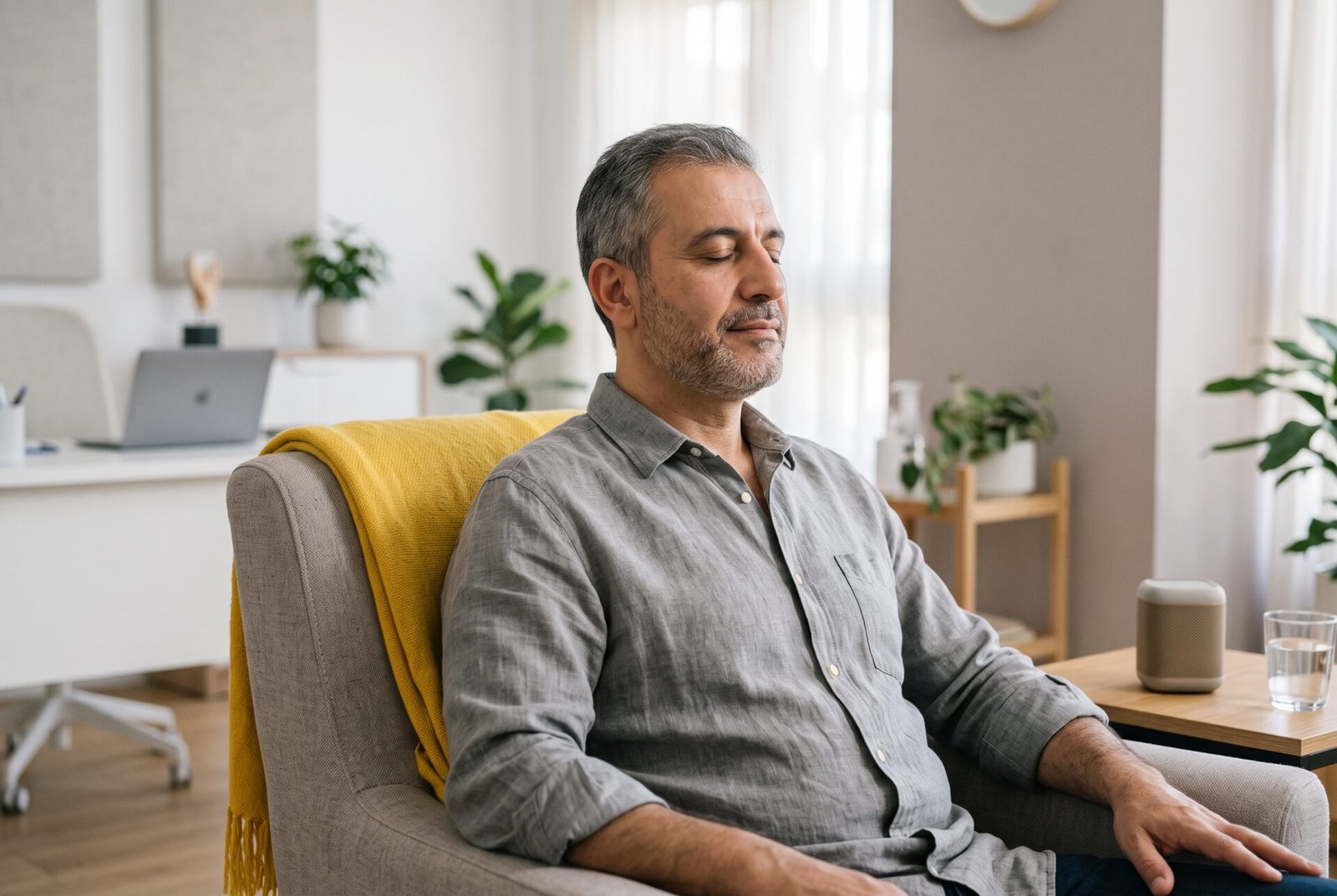 Man relaxing in a quiet, bright room